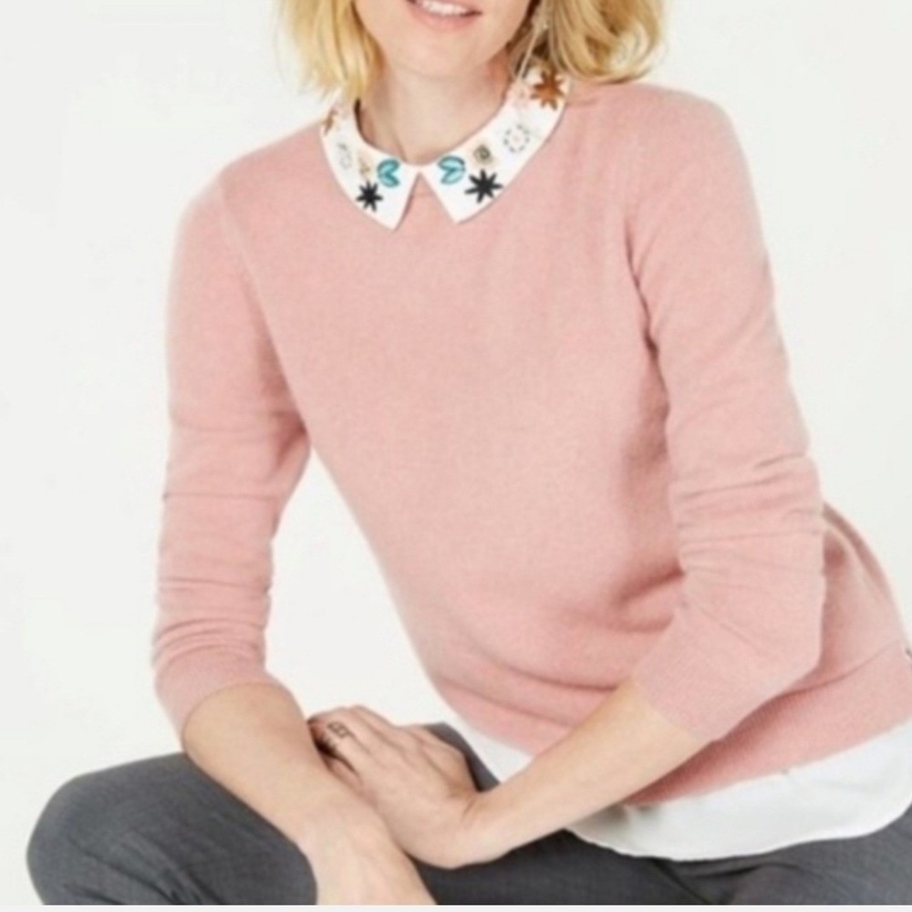 Charter Club Women Large Sweater Pink Cashmere Embellished Floral Sequin Preppy